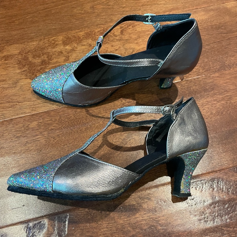 Sparkly Silver T-Strap Ballroom Dance Heels